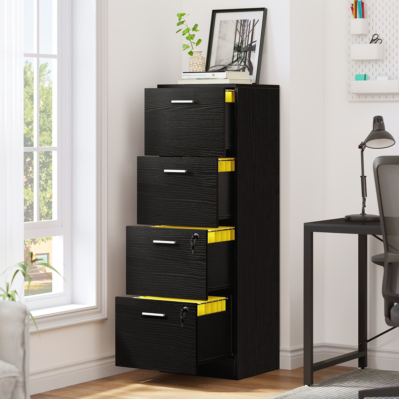 

4-drawer Wood File Cabinet Vertical Office Filing Cabinet W/ Lock For A4 Letter