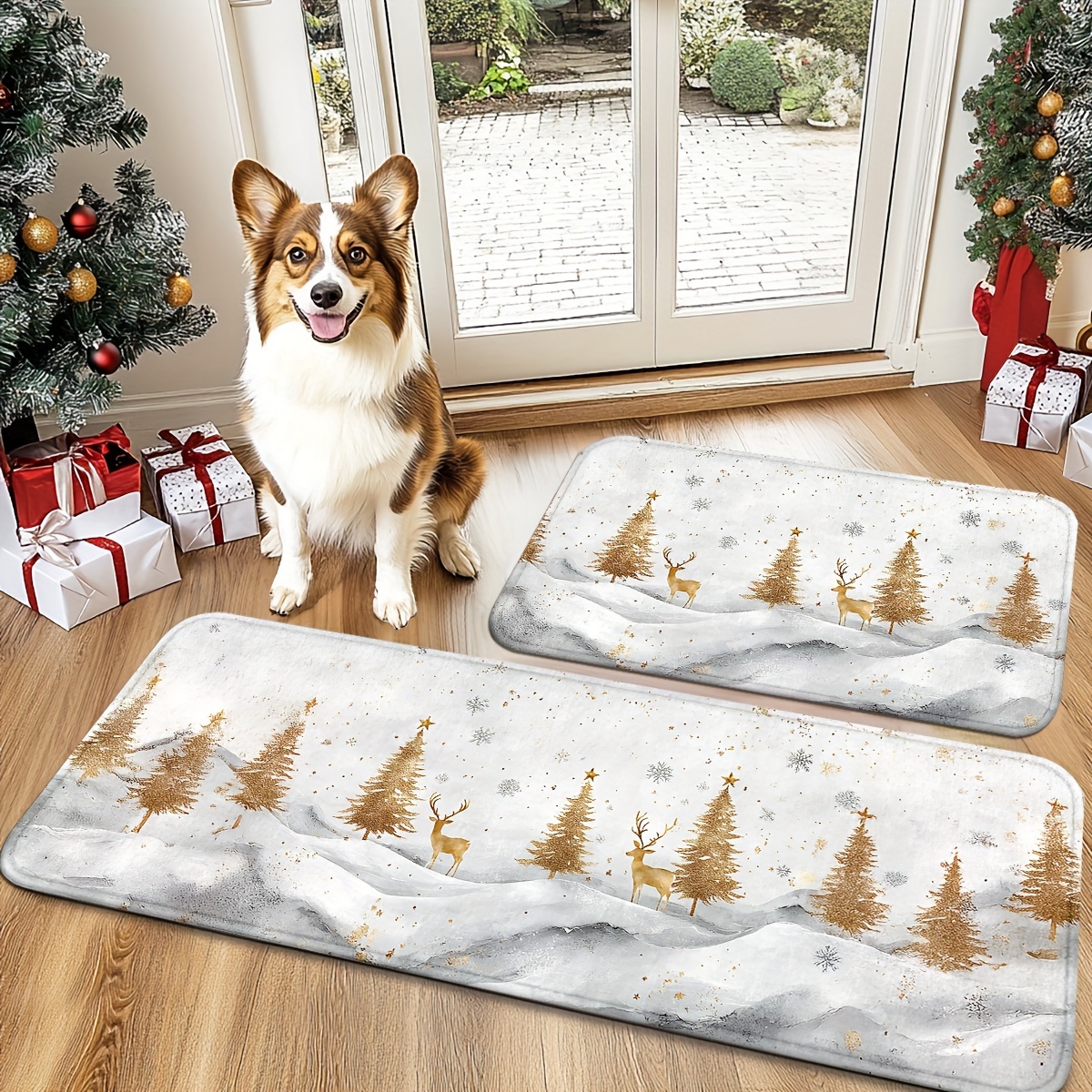 

Christmas Kitchen Rug, 1.2cm Golden Elk & Pine Design, Soft Polyester, Non-slip, Machine-made, Rectangular, Knit, Farmhouse, Hallway, Home Office, Sink, Laundry Room, Multiple Sizes, Decor, Washable