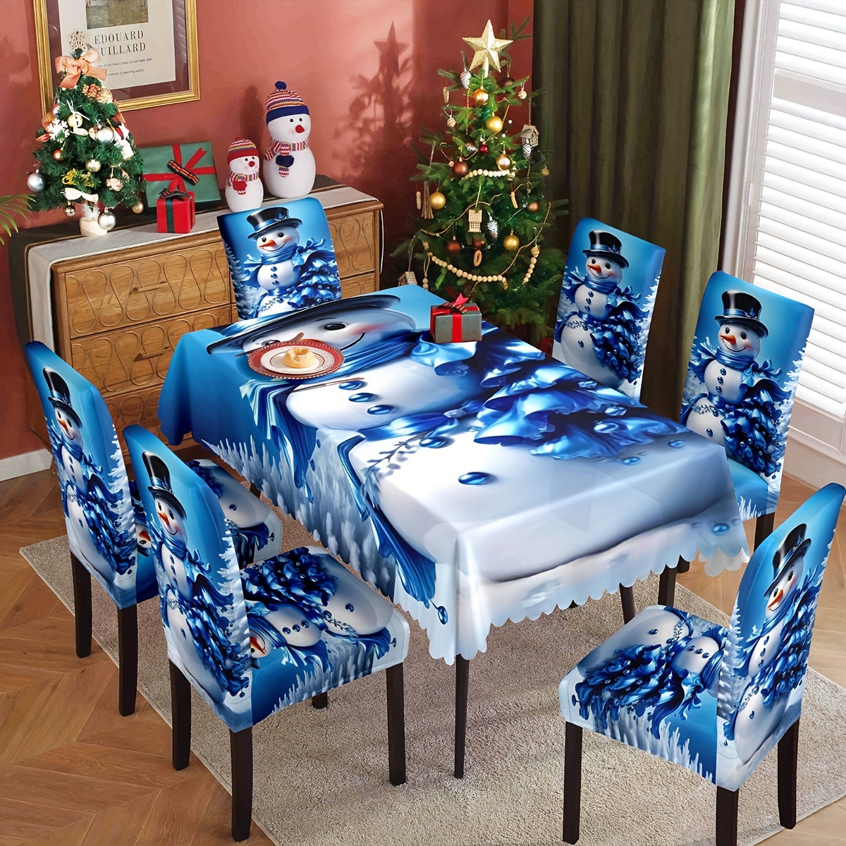 

Open 4pcs Chair Cover + Tablecloth/6pcs Chair Cover + Tablecloth Christmas Christmas Table And Chair Cover Blue Christmas Snowman Decor Table And Chair Cover Suitable For Kitchen Hotel Party