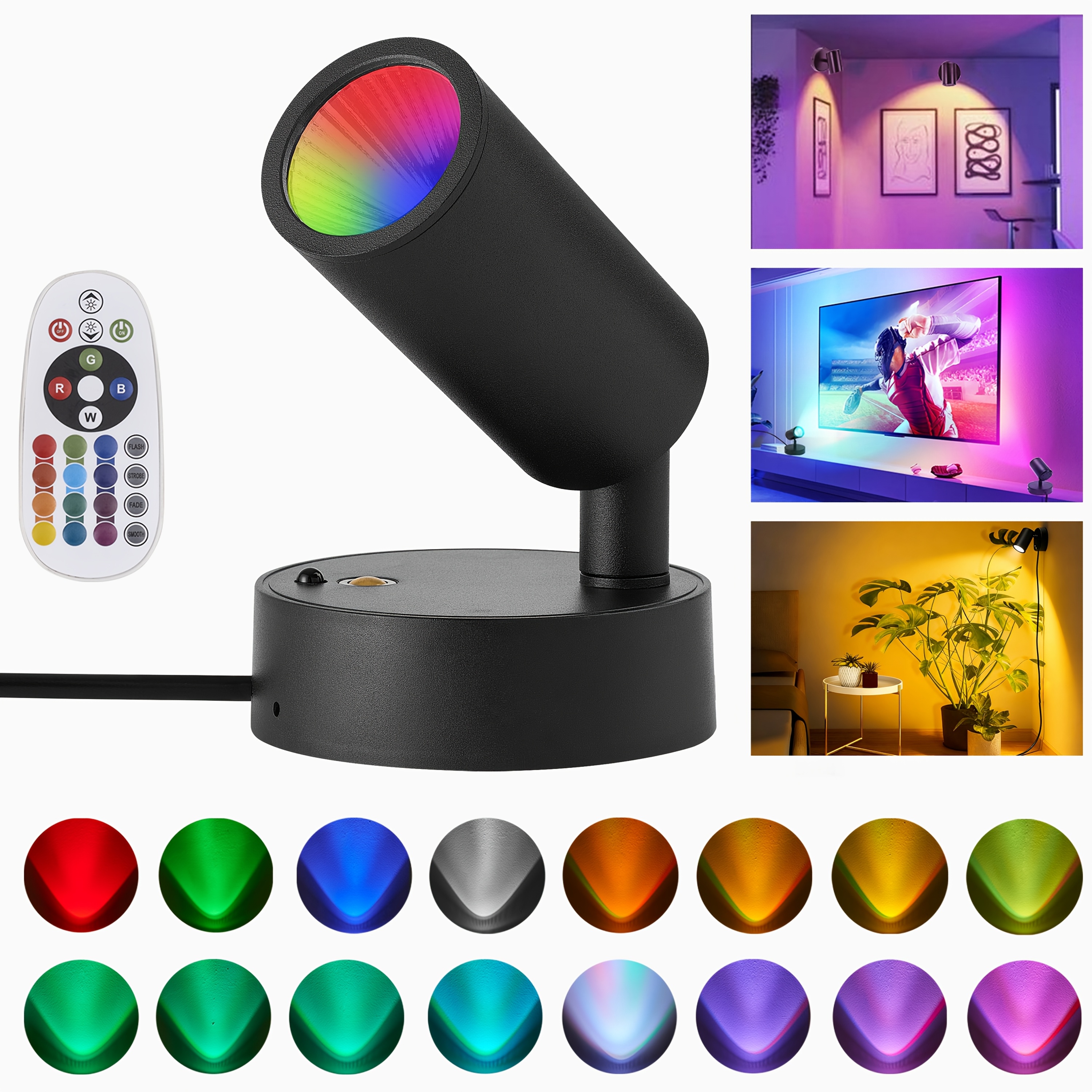 Spots d'intérieur RGBW, lampes murales multicolores à changement de couleur avec contrôle tactile et télécommande, mini spot, spot LED pour plantes à intensité variable, lampes décoratives