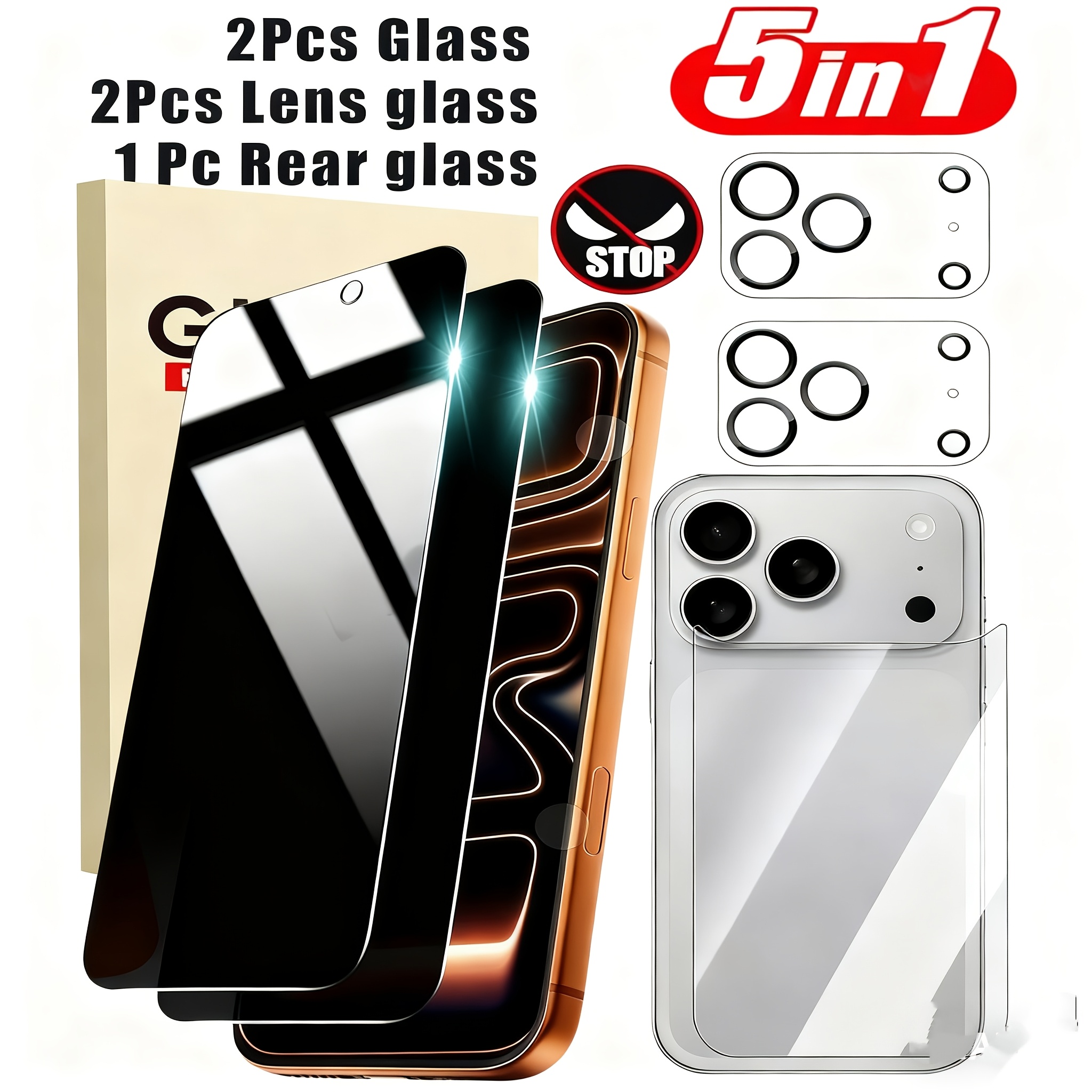 TEMU Juego 5 en 1: 2x Protectores de Pantalla Frontal -Espía (Vidrio Templado) + 2x Protectores de Lente de Cámara, con 1x Protector de Pantalla