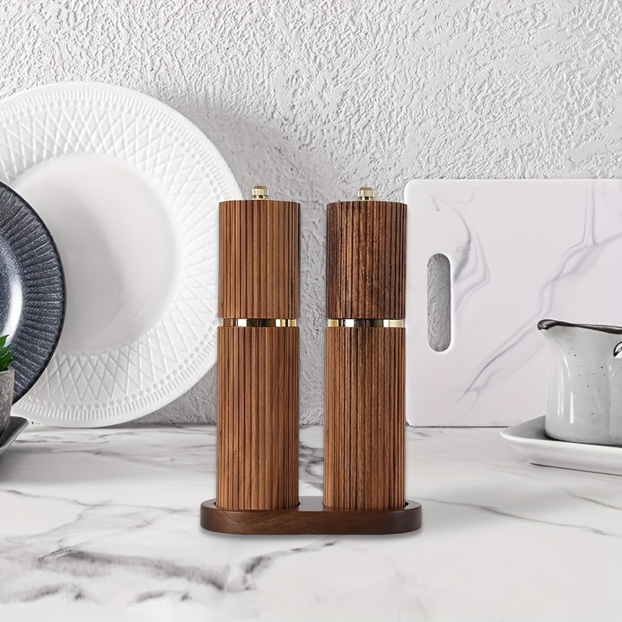 1Set, Acacia Wooden Salt And Pepper Grinder Set with Base, Refillable Salt And Pepper Grinder with Adjustable Coarseness, Acacia Wood Pepper Mill Manual, Salt And Pepper Shakers Matching Wooden Tray Ideal Gift for Christmas, Wedding, Valentine'S Day