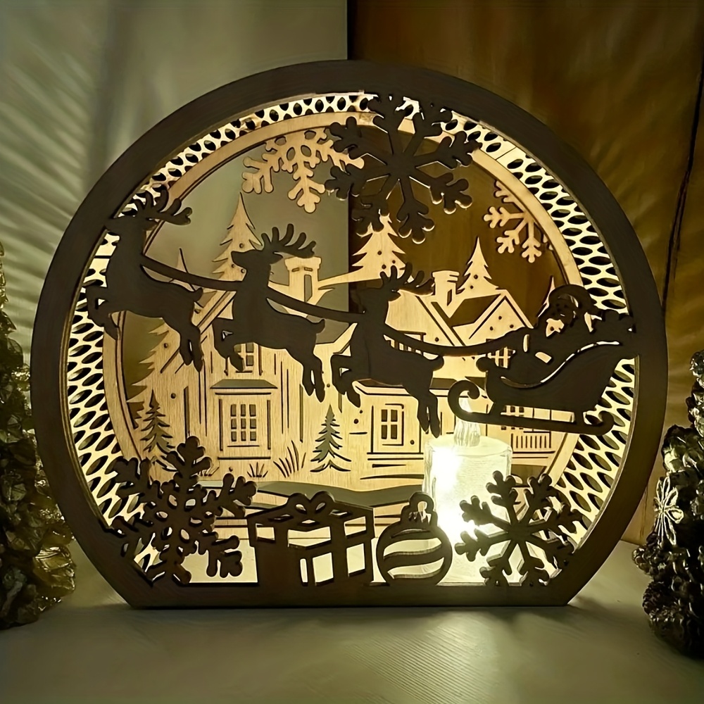 TEMU 1pc Santa Claus Snowflake Candle Lampshade, Hollow-out , Wooden Candle Holder Black Lantern Candle Stand, Tabletop Decoration, Suitable For