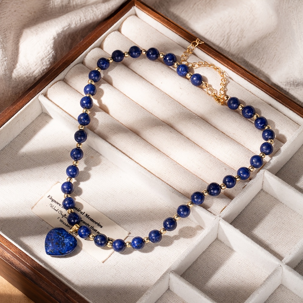 TEMU 1pc Light Royal Blue Beads Golden Ccb Beads Beaded Heart-shaped Royal Blue Beads Pendant Stainless Steel Extension Chain Women's Fashion Choker