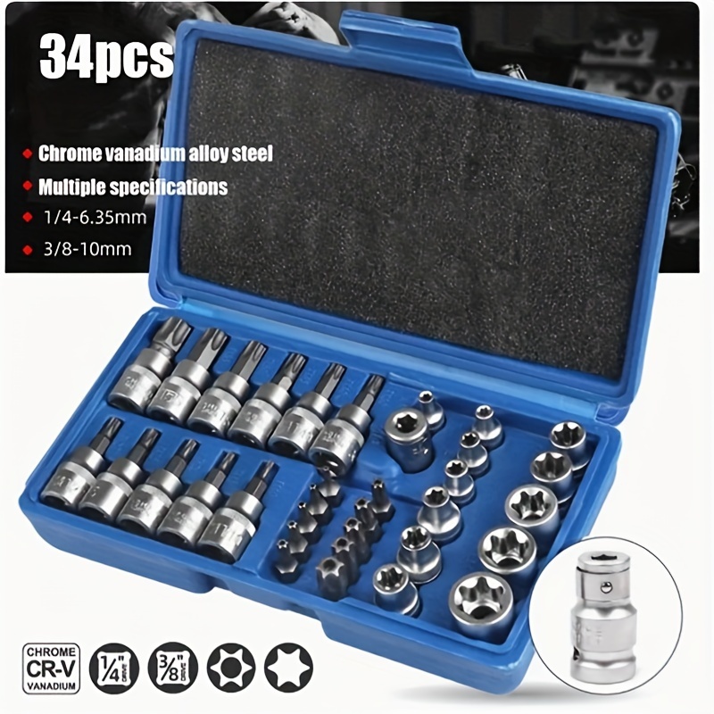 

34-piece Torx Star Socket And Bit Set, Chrome Vanadium Steel, Male And Female, Series, With 3/8" Ratchet Wrench And 5/16" Hex Socket For Diy Hand Tool Kit