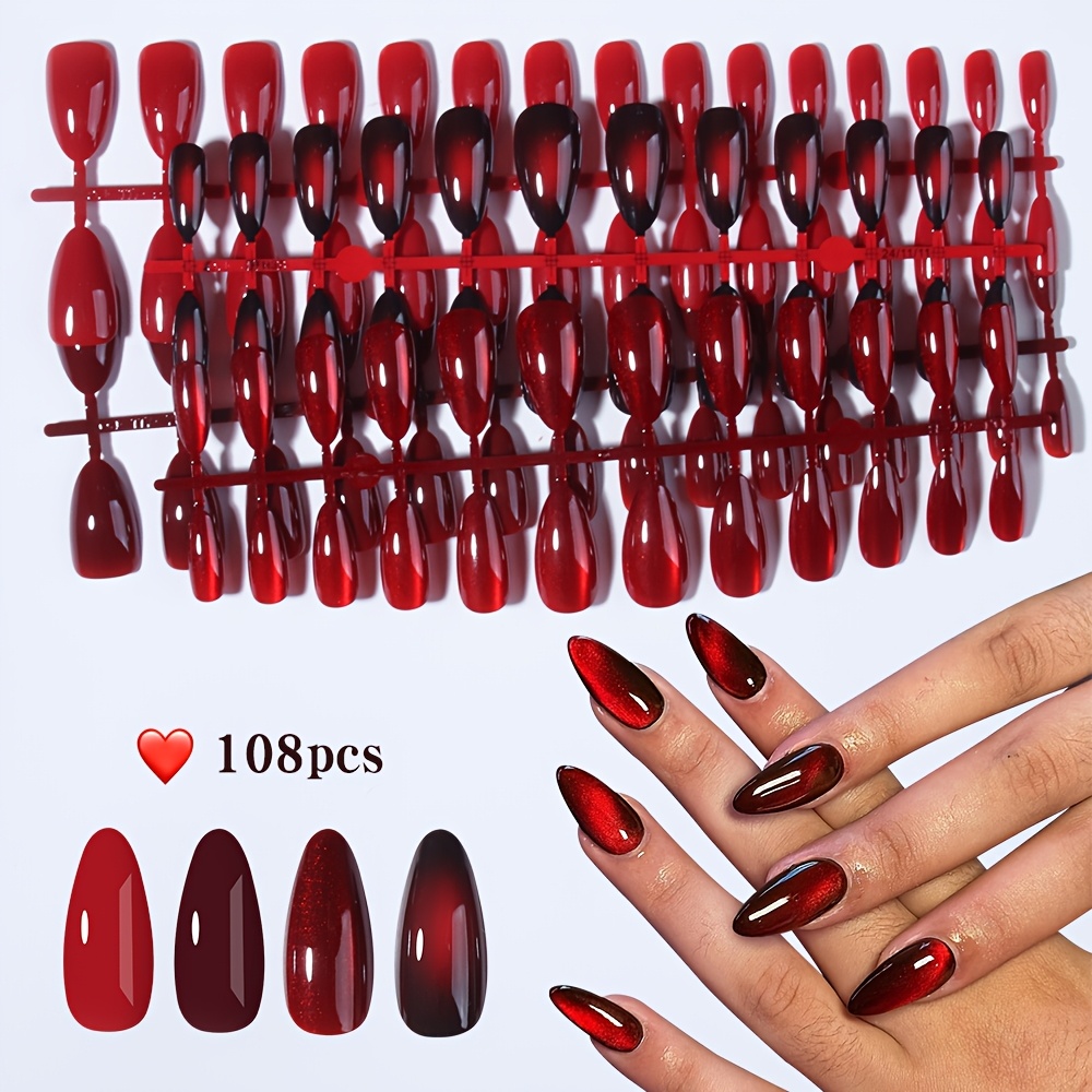 Image of 108pcs Almond Ombre Red Cat Eye Nail Stickers, 4 Mixed Colors, Press-on Nails, Sparkling Full Coverage Acrylic Fake Nails, Perfect Gift For Women, Fake Nail Tips, Nail Enthusiasts, Partygoers