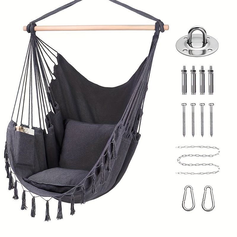 Outdoor Anti Tip Hanging Chair With Installation Additions | Heavy Duty & Stable Hammock For Patio And Garden, Polyester Oxford Fabric, Nylon Rope, Wood Bracket