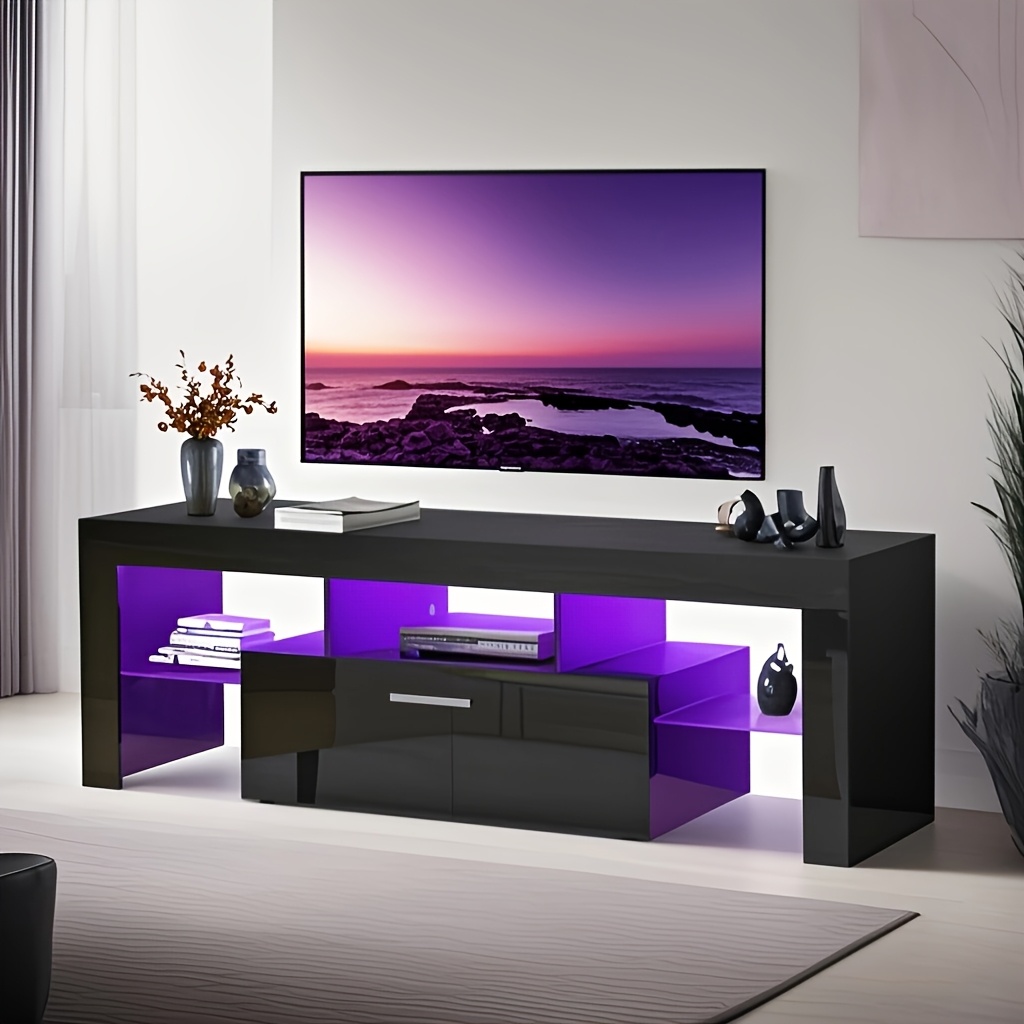 

Fashiontvstandtvcabinet, Entertainmentcenter, Tvstationtv Console, Media Console, With Belt, Remote Control, Toughenedglassshelf, Metal Handle, Canbeplaced In , Bedroom, Black