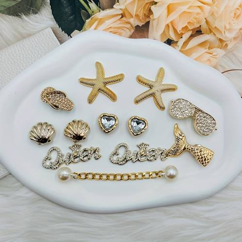 12pcs elegant glasses fishtail artificial shell three dimensional shoe charms diy pendants slippers crocodile shoes beach bag decorations detachable shoe accessories party gift for