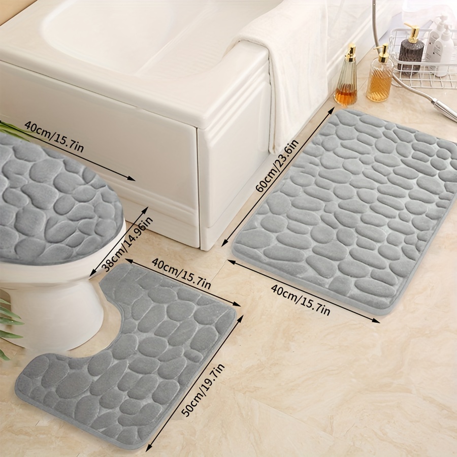 

3pcs Pebble Bathroom Mat Set, Absorbent & Quick-drying Bathroom Floor Carpet, Non-slip & Non-shedding U-shaped Contour Rug & Toilet Lid Mat, For Bathroom Bathtub Toilet, Ideal Bathroom Accessories