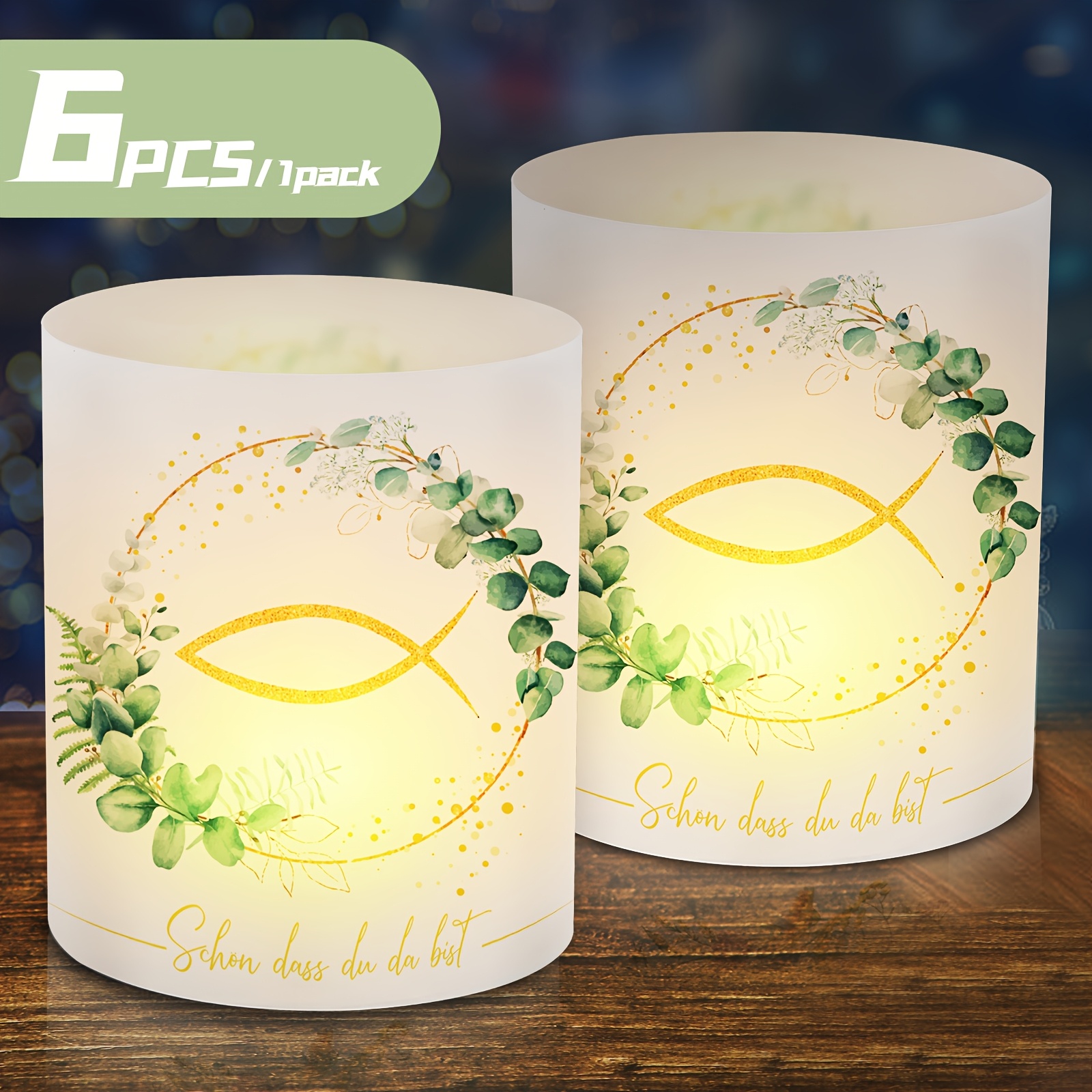E-shop 6 Stück Eukalyptus-Grüntee-Lichtkerzen-Schirme - Florale und Blätterdesigns für St. Patrickstag, Taufe, Abendessen und Feierdekoration -
