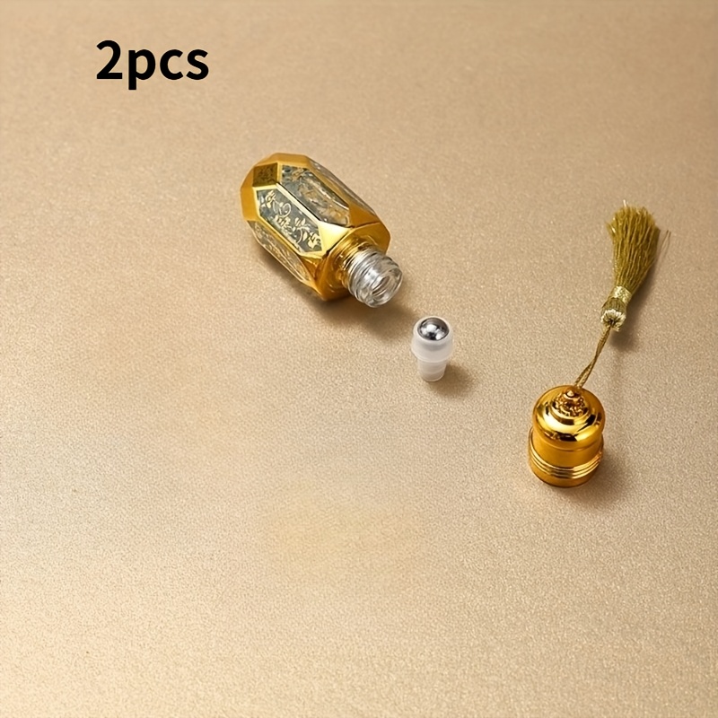 E-shop Zwei 6 ml goldenplattierte achteckige leere Glasflaschen (mit/ohne Schnur) sind auslaufsicher, nachfüllbare Behälter für ätherische Öle, Parfüms