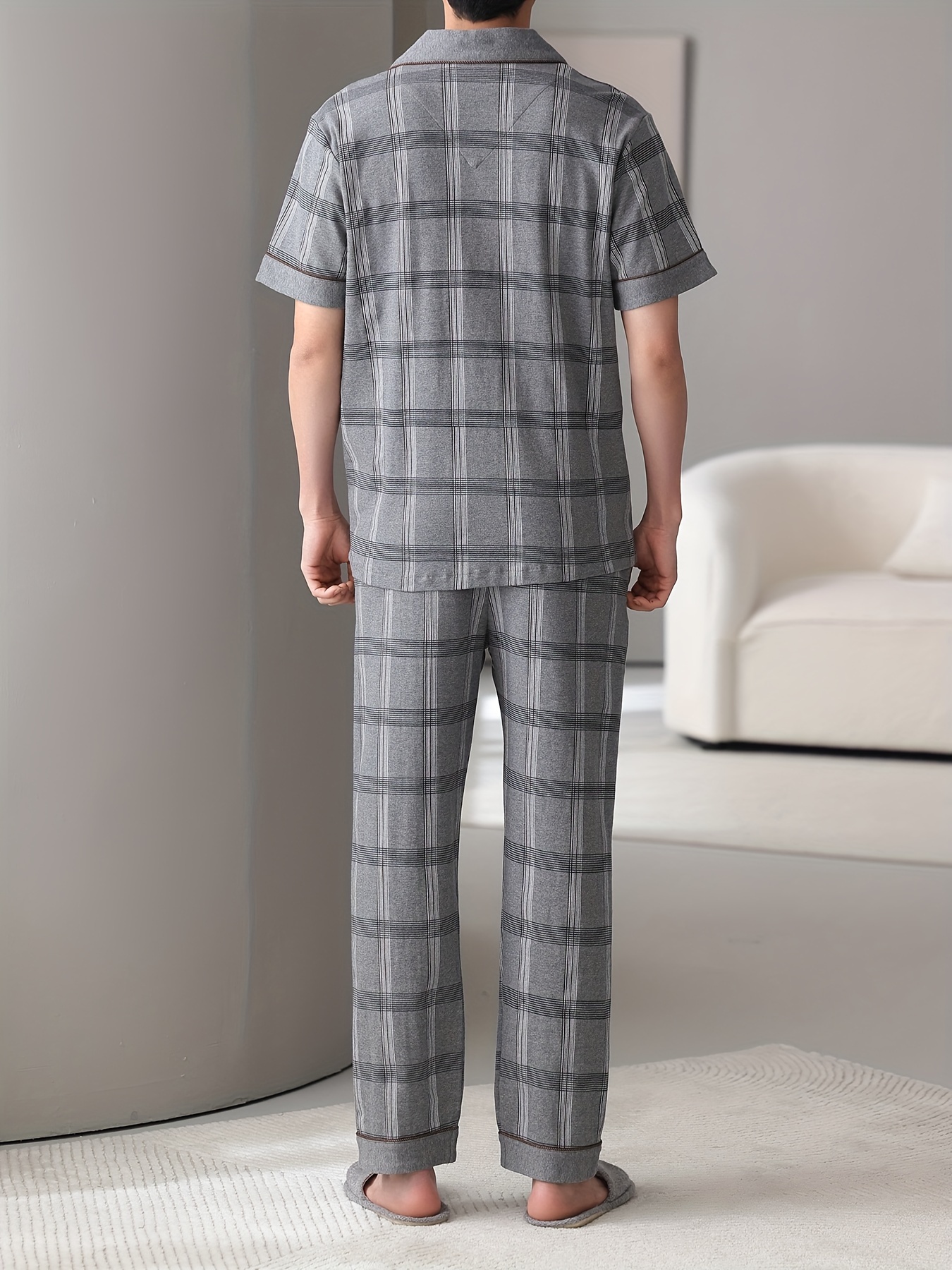 Men's Cotton Pajama Set - Lightweight, Breathable Summer Sleepwear with Short Sleeve Button-Up Top & Long Pants, Plus Size Available
