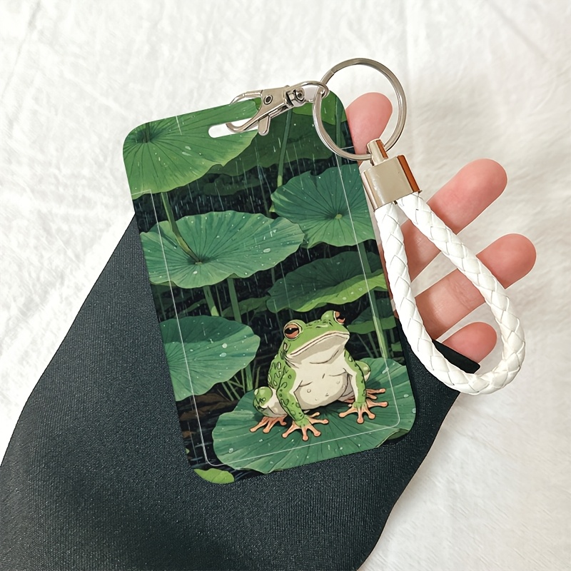 TEMU 2d Frog Lily Pad Rain Retractable Snap-buckle Type Id Card Lanyard, Plastic Sliding Id Card Holder, With Lanyard, Badge Card Holder, Photo Card