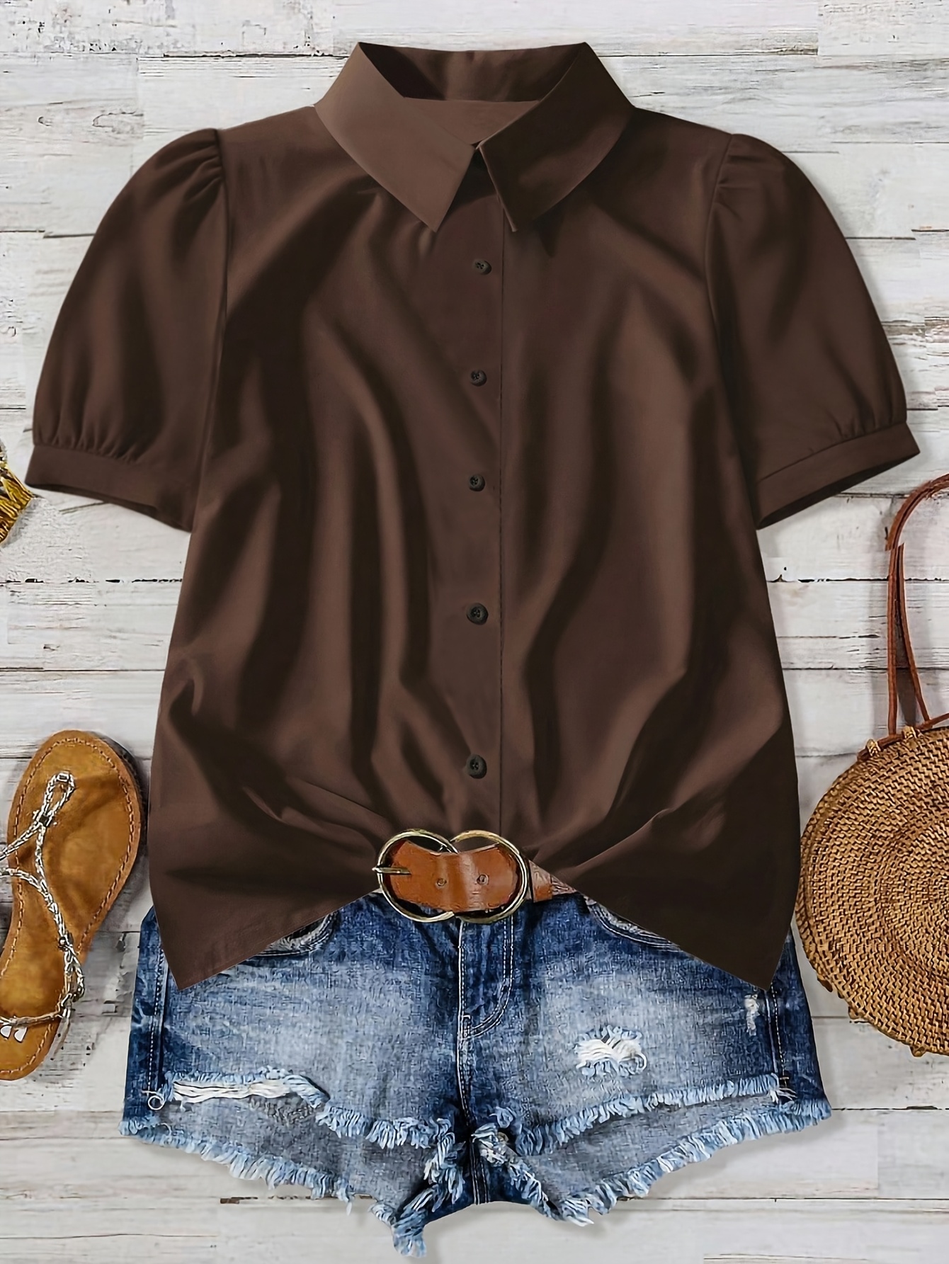 brown dress tops Cropped Denim Shirt in Dark Brown – SVRN main image 0