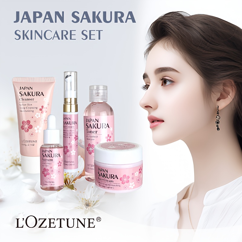 Cherry Blossom Skincare and Beauty Care Set, Includes Moisturizing Toner, Eye Cream, Facial Cleanser, Face Cream, and Cherry Blossom Essence. Suitable for All Skin Types: Dry, Normal, and Combination. Ideal for Post-facial Hair Removal Beauty Care. - Image 3