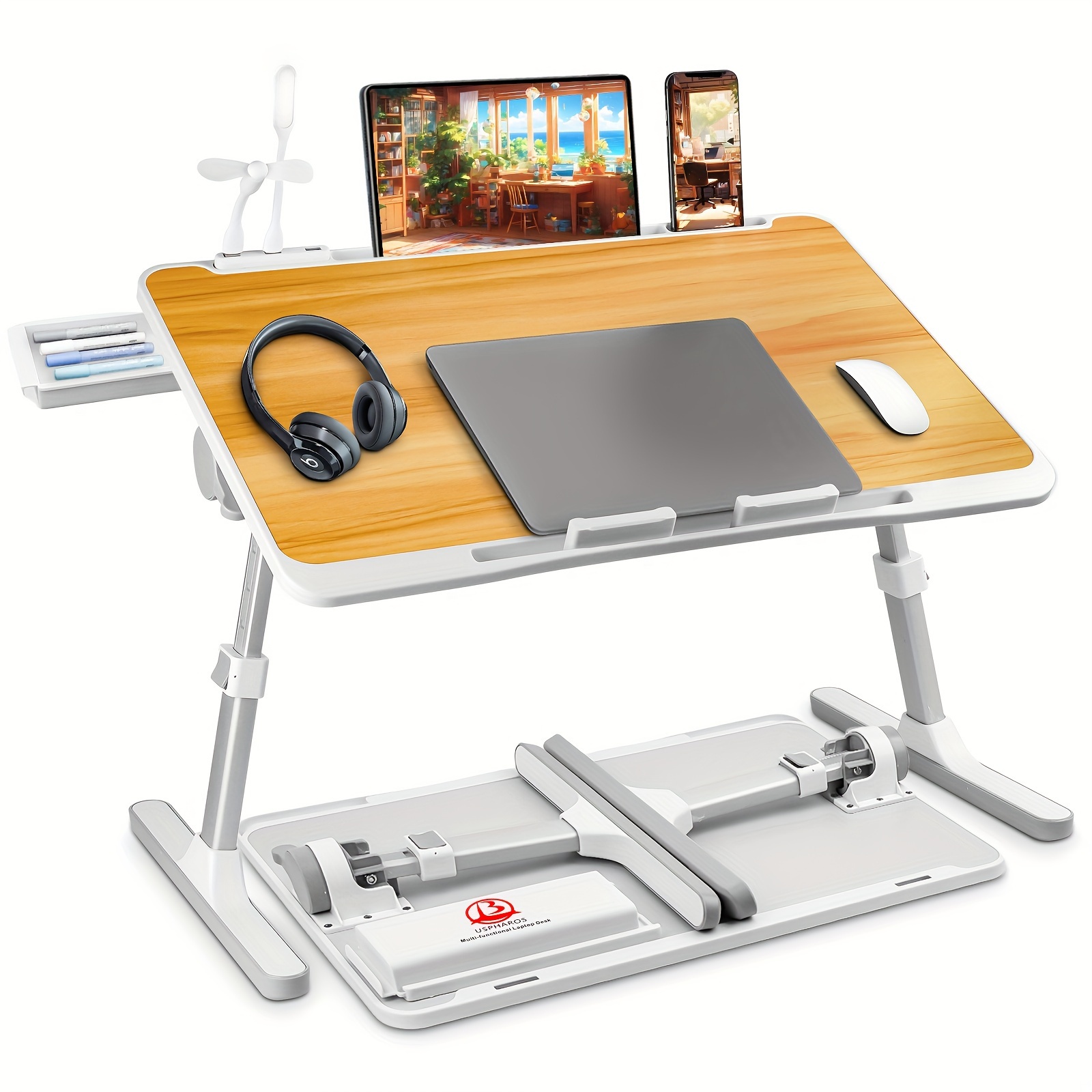 

1pc Adjustable Laptop Bed Stand With Usb/light/fan/drawer, Multi-functional Wooden Lap For Eating And Laptop, Portable Table For Bed/sofa/couch Reading/, Metal Frame, 23.6"x15.7" Surface