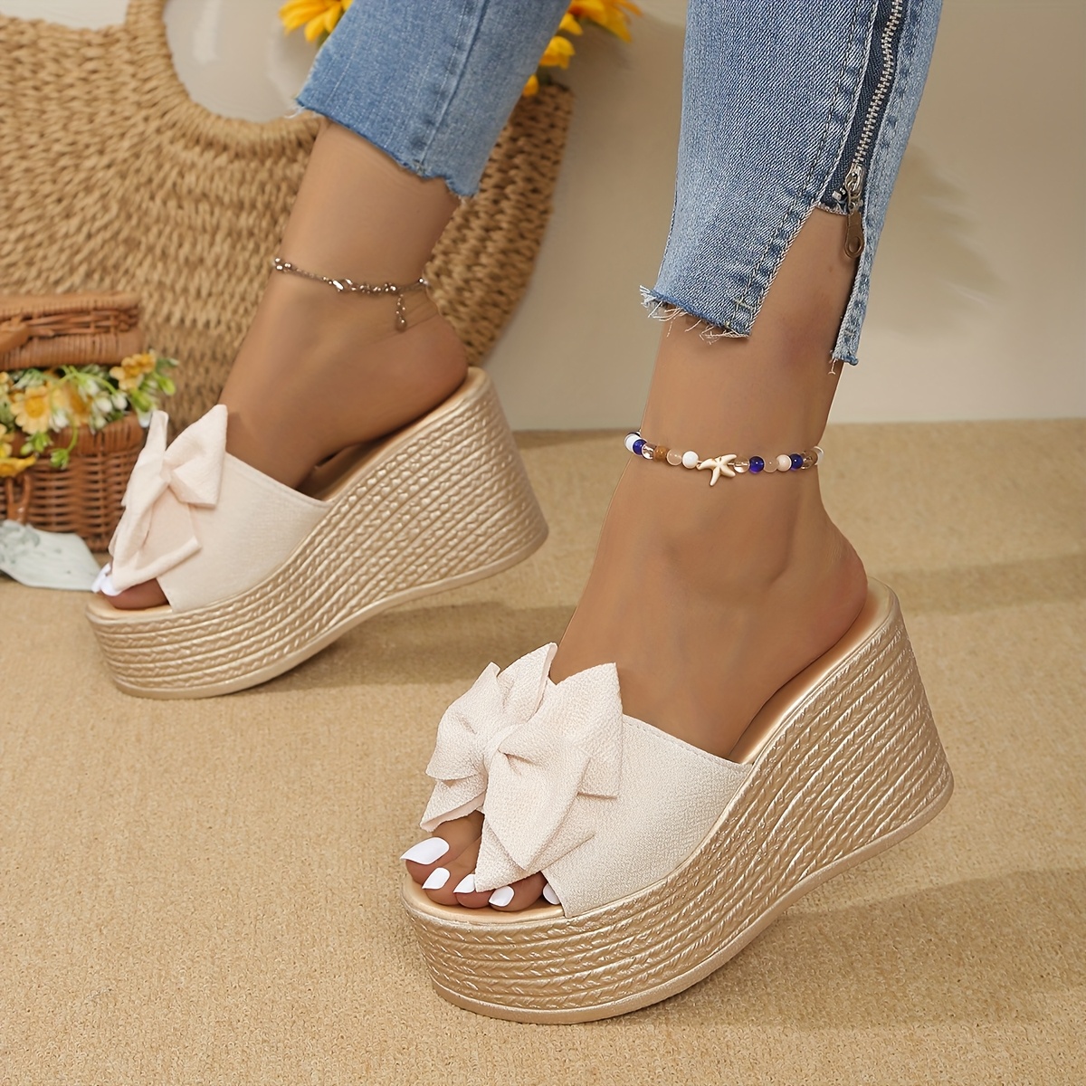 Women's Summer Bow Accent Slip-On Wedge Sandals - White & Burgundy Thick Cushioned Sole, Breathable Fabric Upper & Synthetic Cover Lining for Casual Outdoor Comfort, Casual Sandals | Bow Embellished Sandals | Rubber Sole Sandals