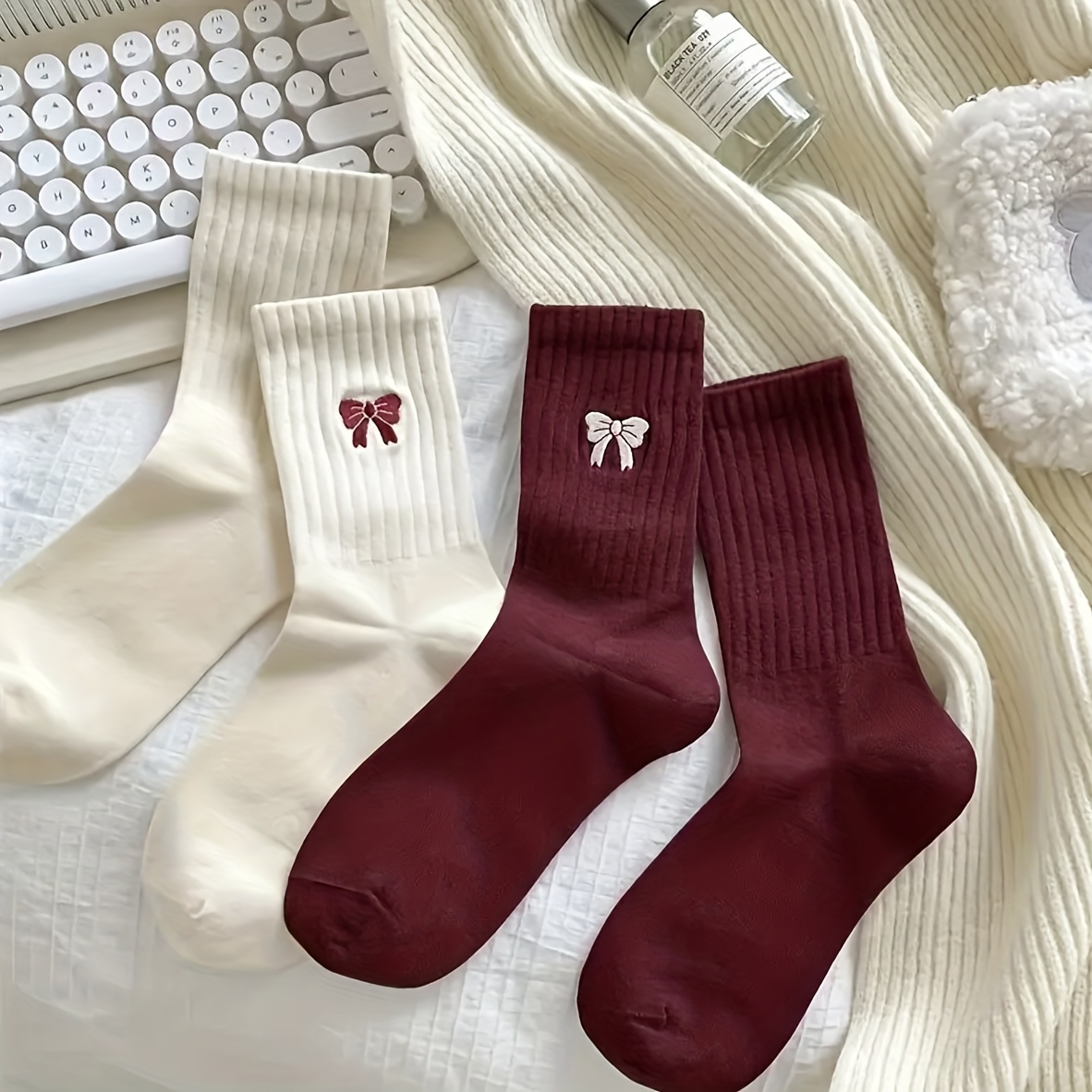 

2-pack Women's Mid-calf Socks, Polyester 75% Spandex 25% Knit Fabric, Solid Color With Bowknot, Hand Wash Only, Cozy For Fall/winter - White & Burgundy