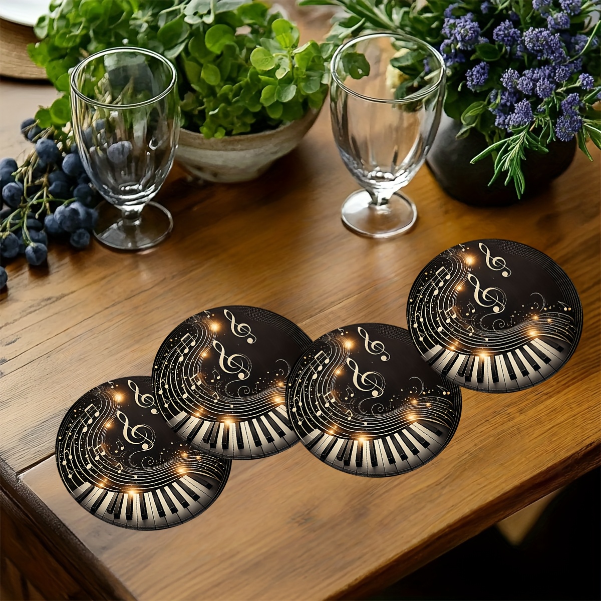 TEMU 4 Vintage Piano Note Round Wooden Coasters, Non-slip, Heat-resistant, And Easy-to-, Perfect For Holiday Party Decorations, Kitchen And Dining