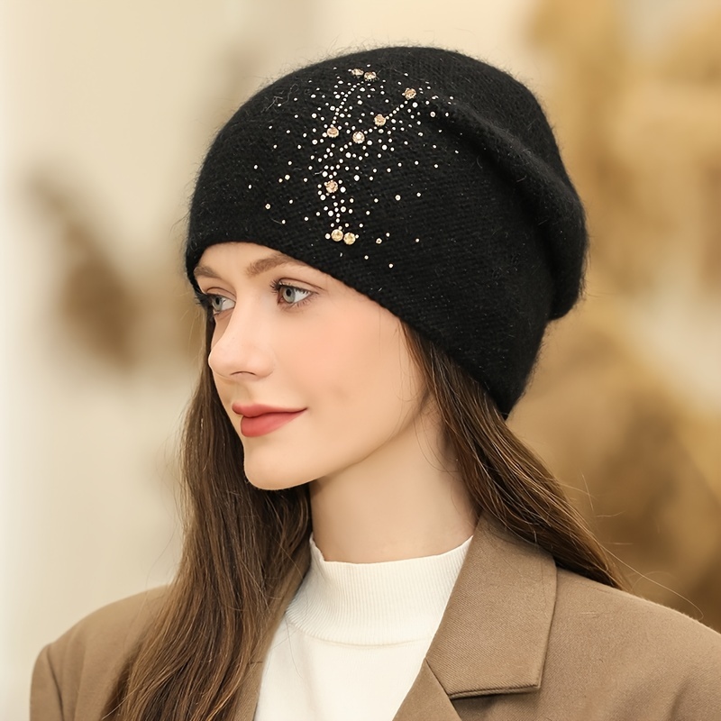 TEMU 1pc Autumn Winter Solid Color Rhinestone Decor Plush Hat Women's Thickened Windproof Lightweight Ear Protection Warm Suitable For Walking Skiing