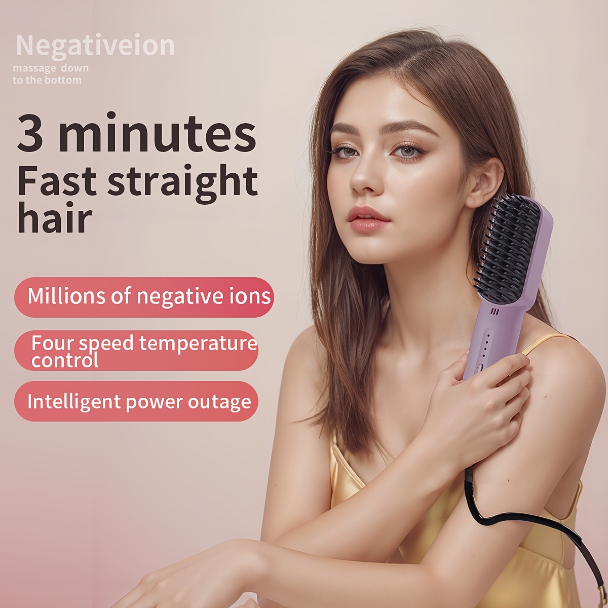 

Negative Ion Hair Straightener Brush, 4-temperature Control, Automatic Shut-off, Fluffy Volume, Fast Heating, With 1.5-2.5m Cord, Us Plug, For Wet/dry Hair, 110-130v Power Supply, No Battery Required