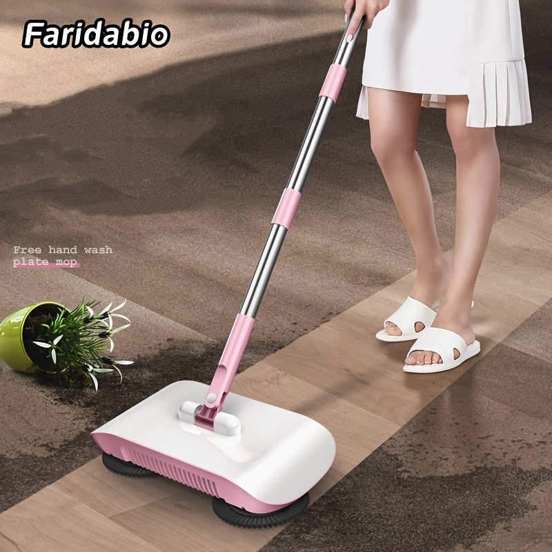 

Faridabio 1pc 2-in-1 Hand Push Broom And Dustpan, Pink, Synthetic Fiber, Hard Floor Surface, Commercial Cleaning Tool For Sweeping And Mopping