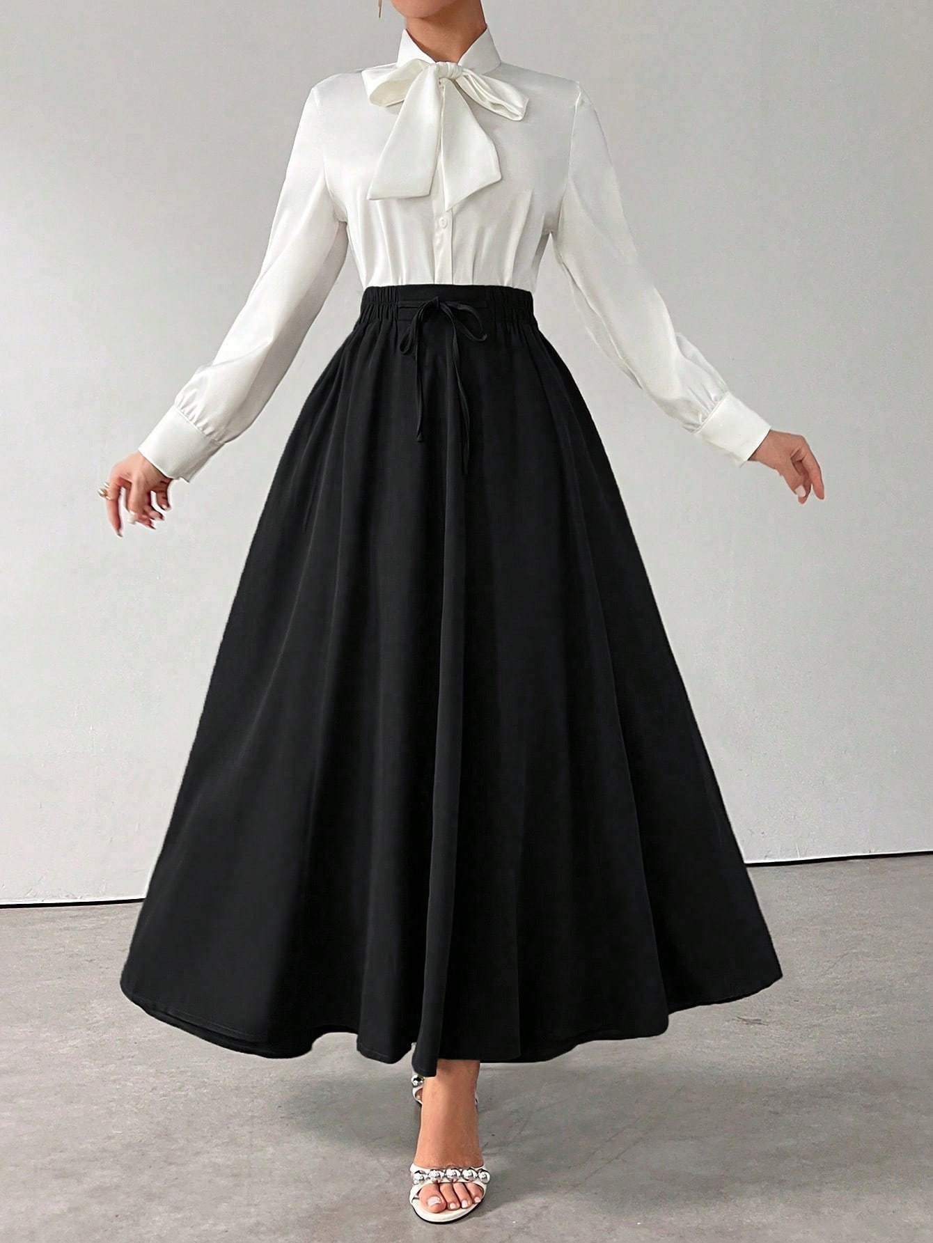 slim fit dress slacks High waist black maxi linen skirt with belt 4900 – Xiaolizi main image 1