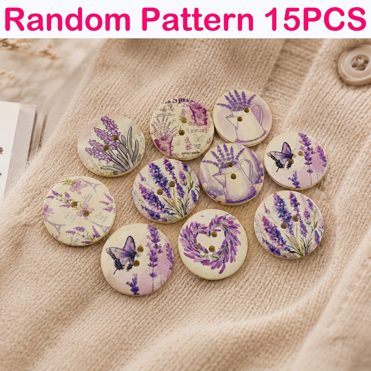 TEMU 15pcs Lavender Tree Of Life Printed Wooden Buttons, 25mm / 0.98in, Craft Materials, Purple Lavender Wood Craft, Decorative Buttons For Bags And