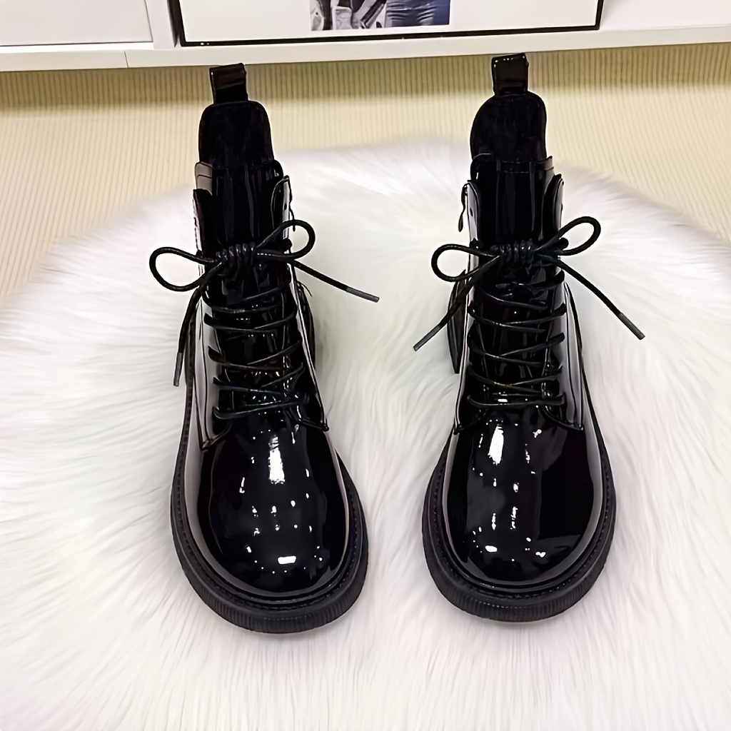 TEMU Glossy Lace-up Round-toe Plush-lined Warm Autumn/winter New Versatile Minimalist Boots, Comfortable Classic All-match Women's Boots, Women Shoes