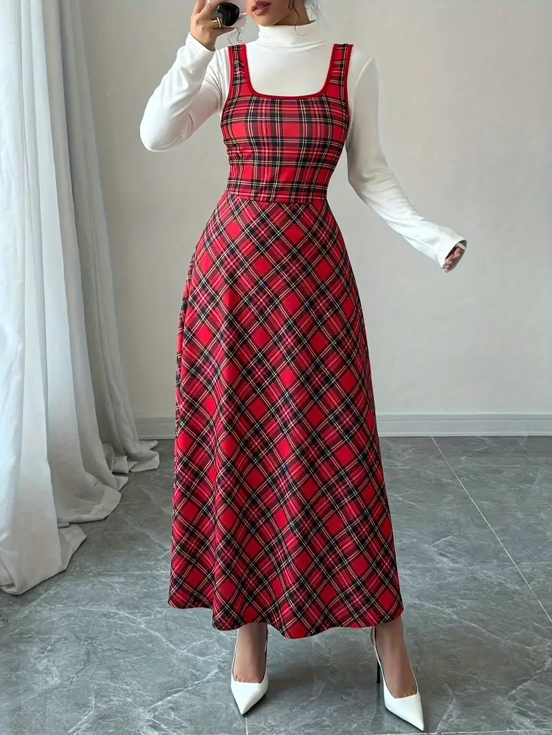 1pc Elegant Tartan A-Line Dress for Women, Sleeveless Knit Fabric with Square Neck, Polyester, Waist-Cinching, Versatile for Spring/Summer/Fall - ... 1pc Elegant Tartan A-Line Dress for Women, Sleeveless Knit Fabric with Square Neck, Polyester, Waist-Cinching, Versatile for Spring/Summer/Fall - ...