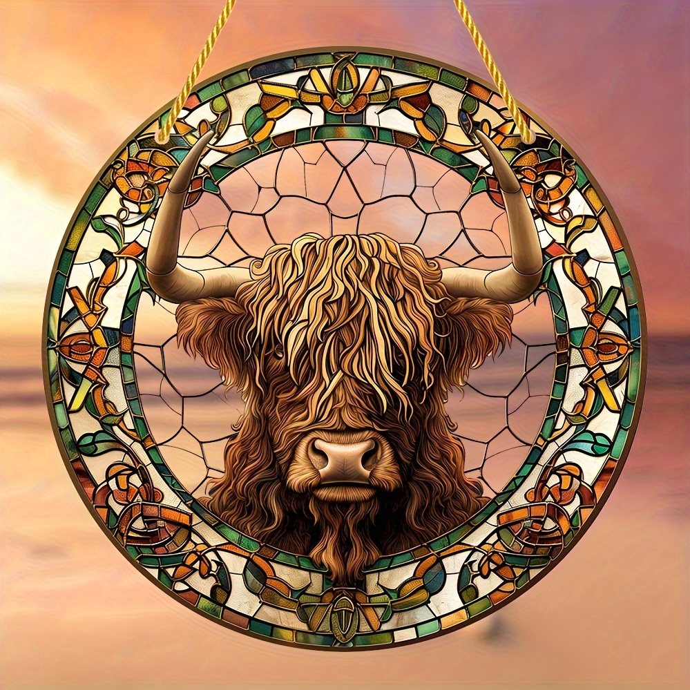 

Scottish Highland Cow Stained Glass-style Window Hanging - 8"x8" Round Acrylic Light For All Seasons, Perfect For Home & Garden Decor, Porch Accents, And Gifts