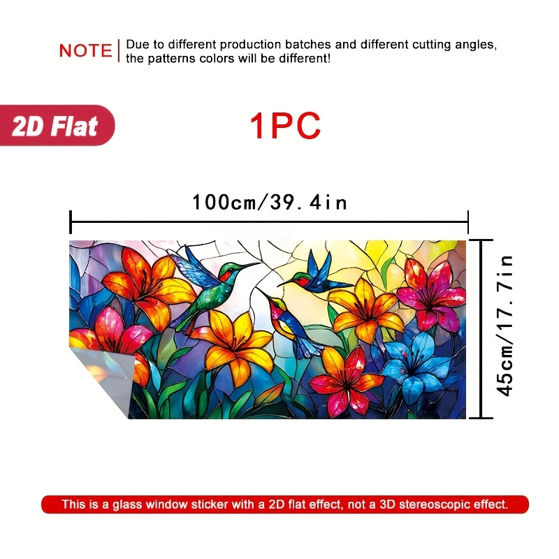 TEMU 1pc 2d Flat Window Sticker Vibrant Floral And Birds Artwork Design Stained Glass Window Film, Static Sticker Door And Window Decoration, 39.4 X