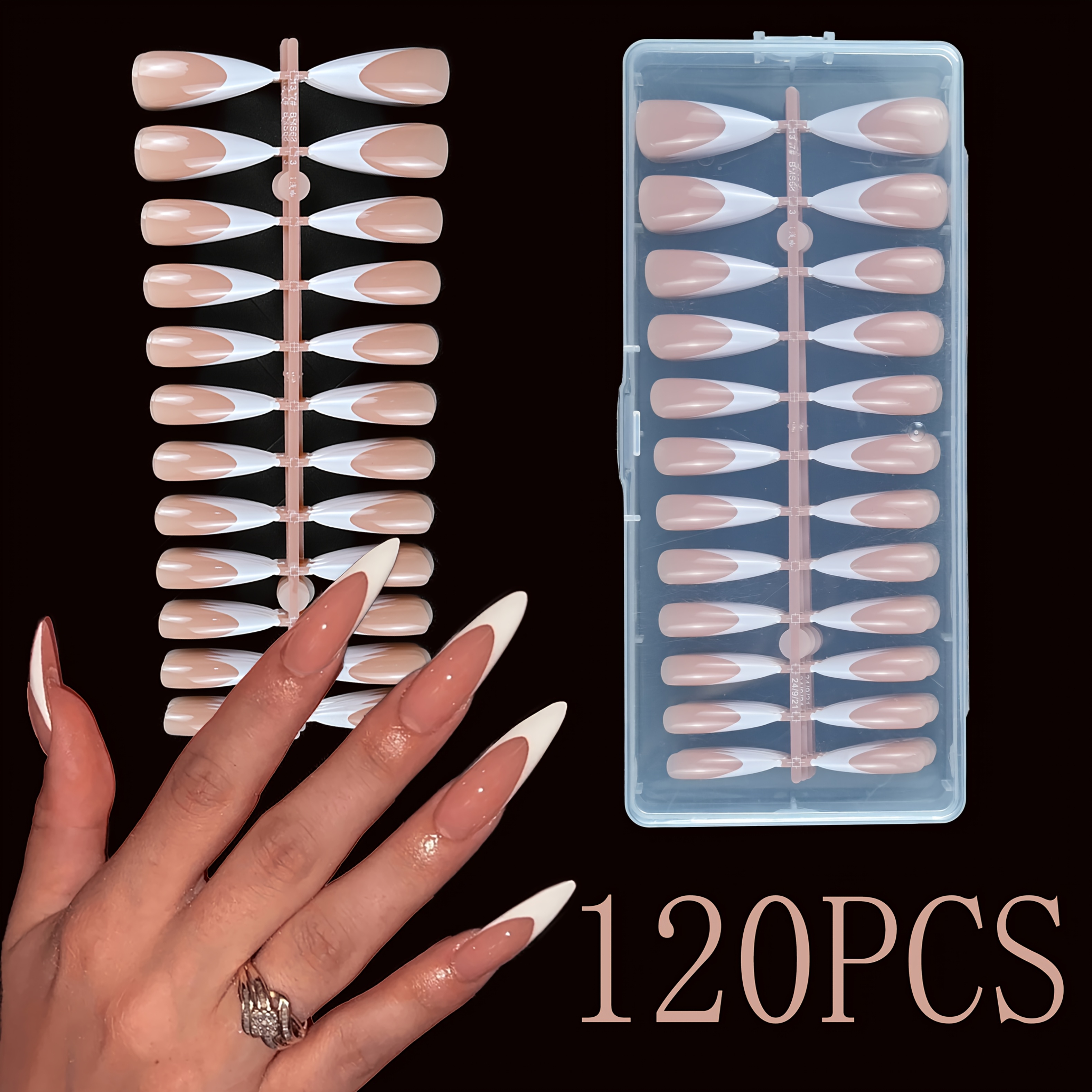 TEMU 120pcs False Toenail Tips, Long Pointed Nails, 12 Sizes, Brown Base/white French Full Cover Fake Toenails, Press-on, Salon-grade Toenail Art