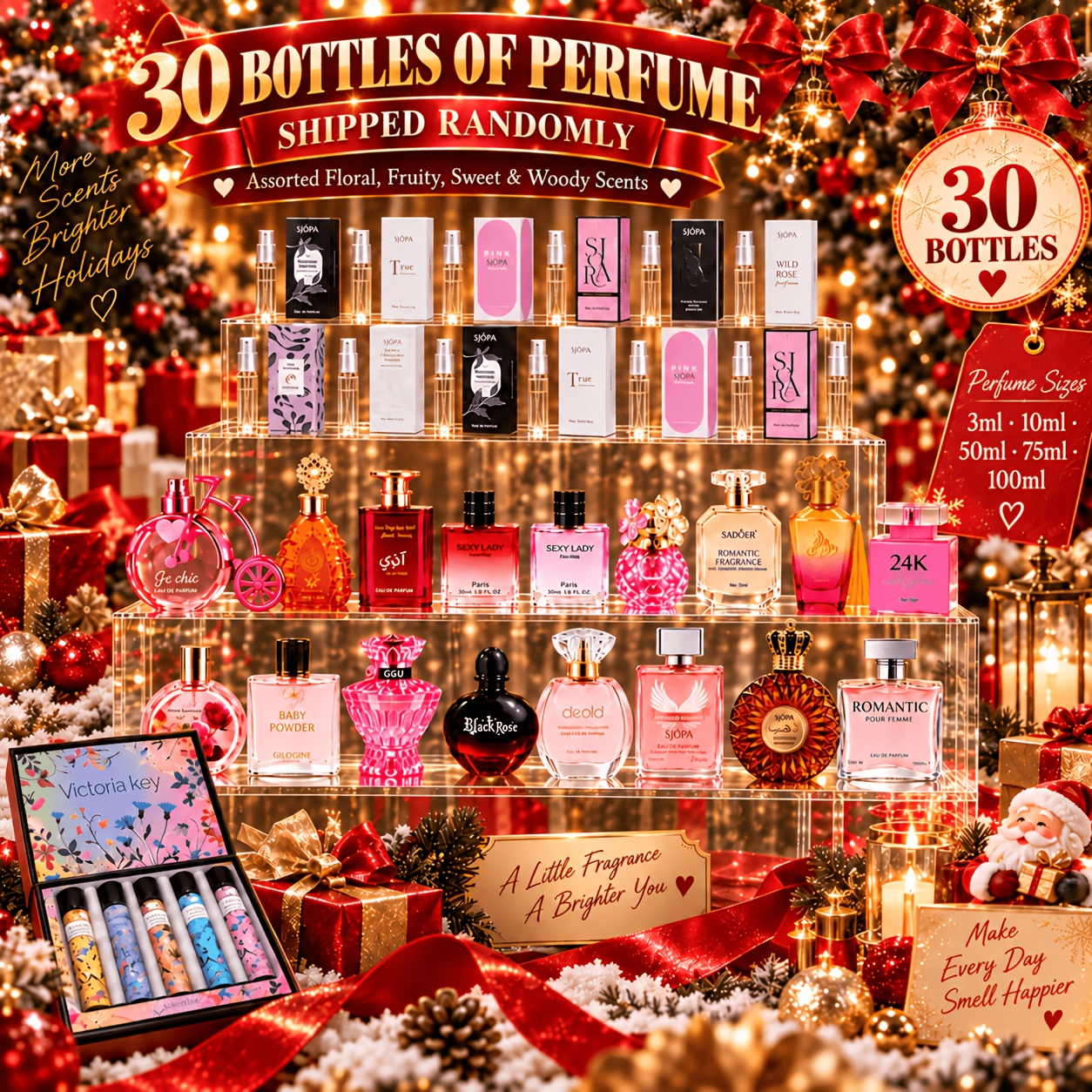 TEMU 30 Bottles Of Assorted Women's Perfumes, With Random Scents. The Perfumes Floral, Fruity, Sweet, And Notes In 3ml, 10ml, 50ml, 75ml, And 100ml