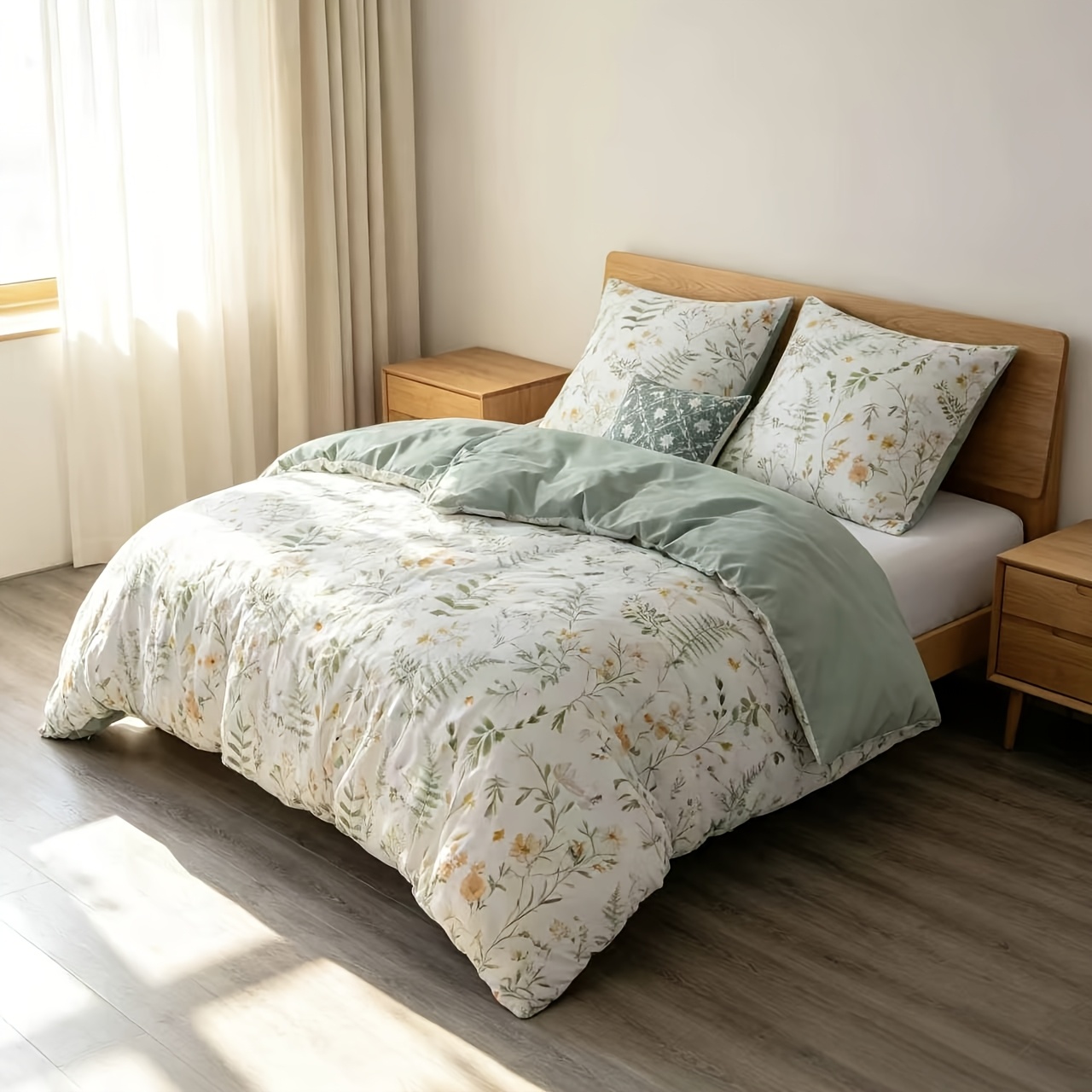 Image of Bedding 135x200 4pcs Duvet Cover - Bedding 135 X 200cm Flowers Green Pattern With 2 Pillowcases 80x80cm, Duvet Cover 2 Set With Zipper, Non-iron And Soft