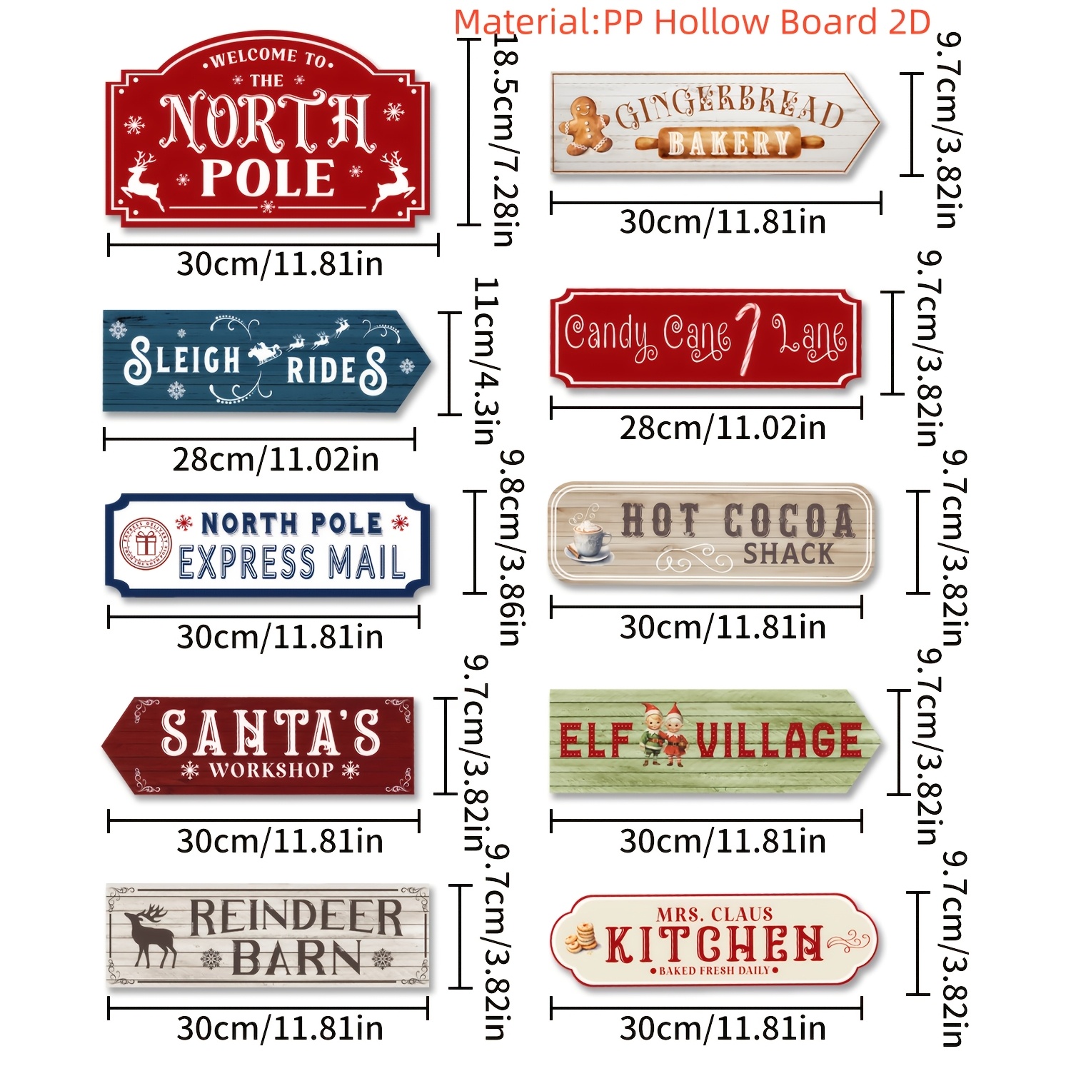 TEMU Feestpakketten, 10 stuks, Kerst holle bord Arctisch richtingaanwijzer, Houtnerf rendier elf peperkoekbakkerij, Landelijke kerststraat pijl