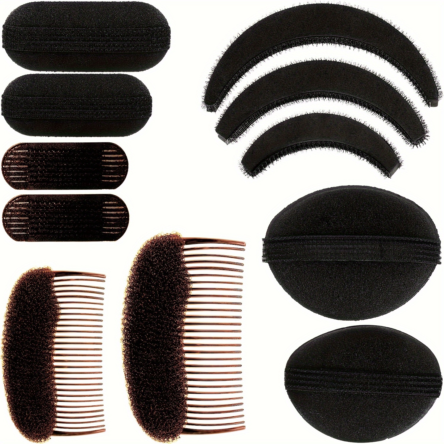 

11 Pieces Sponge Volume Hair Bases Set Bump It Up Inserts Hair Styling Tools Bump Up Combs Clips Sponge Hair Bun Updo Accessories For Women Girl Diy Hairstyles (black, Brown)