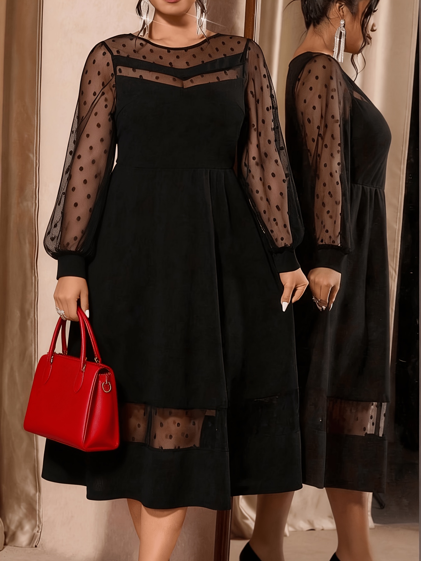  taille - taille - taille col rond transparent élégant robe longue manches longues Détails du produit 1