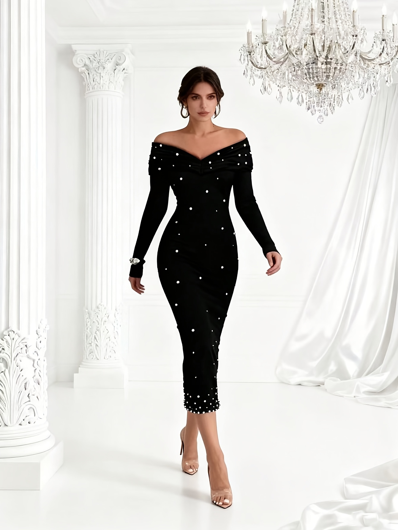 black and white dress costume Black Sequin Pearl Embellished Square Neck Babydoll Maternity Dress –  PinkBlush