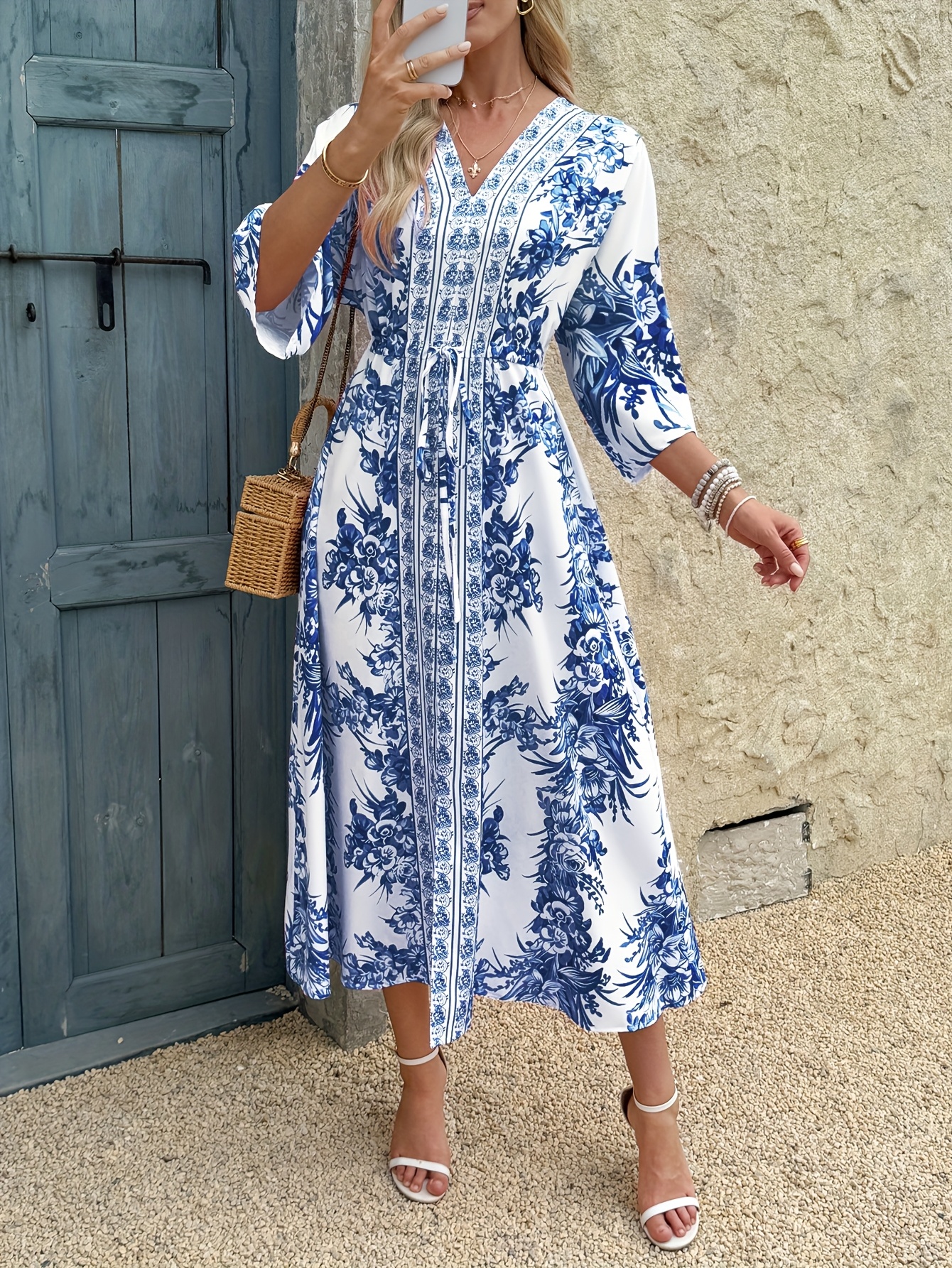 Women's V-Neck Batwing Sleeve Floral Print Maxi Dress with Side Slit -  Loose Fit Machine Washable Summer *h Vacation Dress for Casual * *