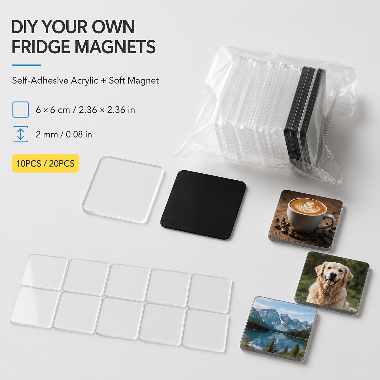 20pcs refrigerator magnet making kit 2 36x2     acrylic square patches with   backing and soft magnets no heat transfer machine required easy refrigerator magnet craft supplies   favor