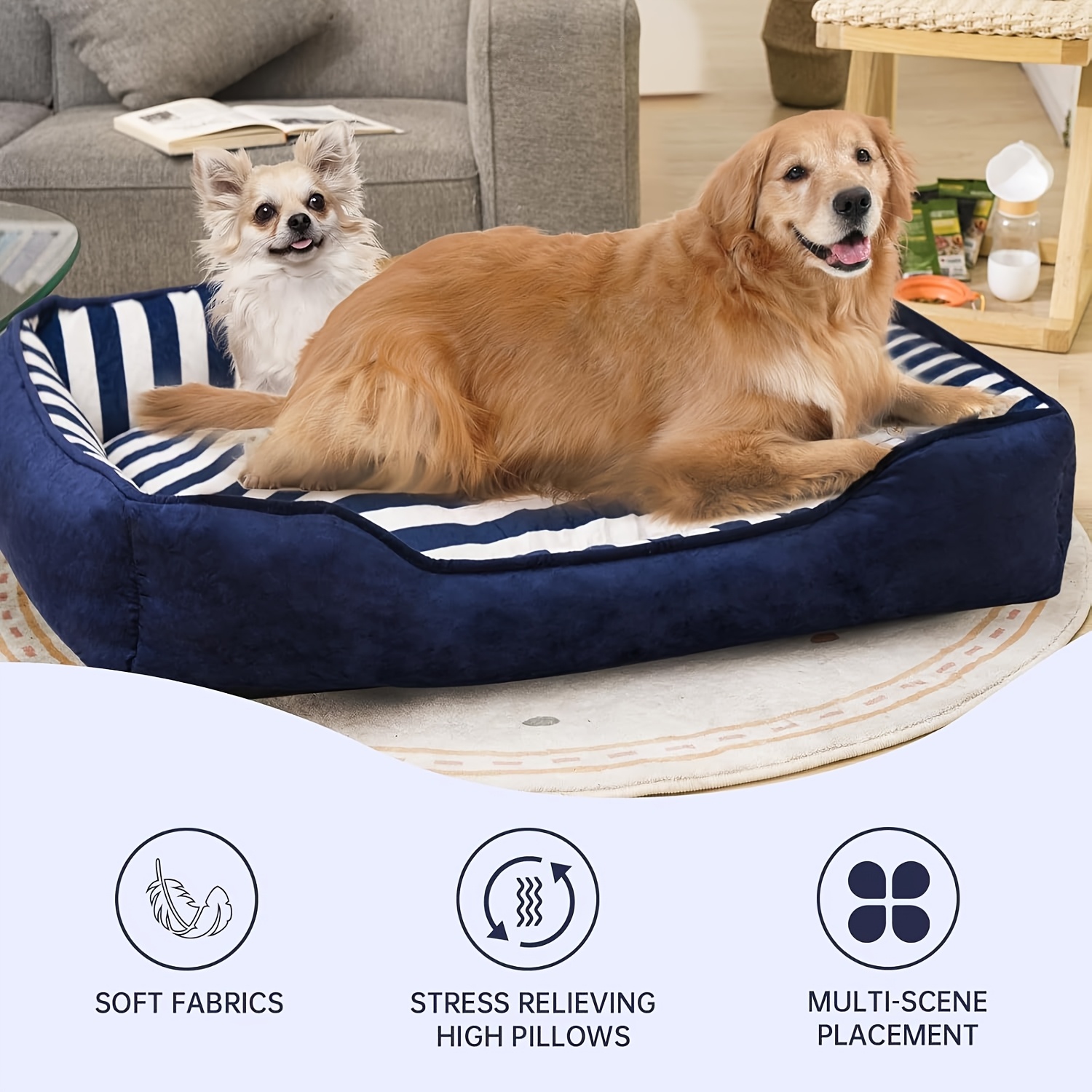 orthopedic dog bed for extra large dogs with cushion xl dog bed with bolster easy   bed sofa with velvet cotton pinstripe dog bed sofa with non slip bottom blue   large Product details 2