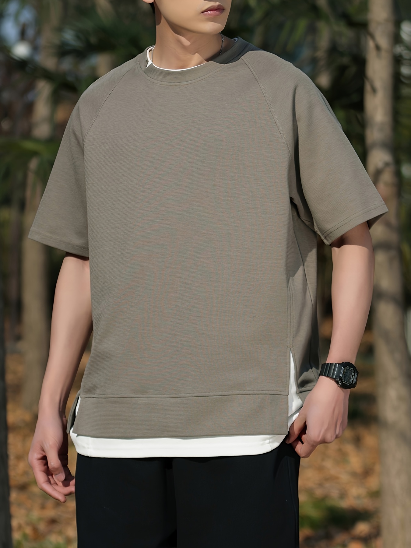 mens stylish short sleeve two piece summer outfit with feel featuring a round neck and versatile solid blend t shirt details 5