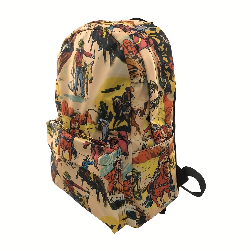 

Vintage Western Cowboy Print Backpack, Outdoor Sport Travel Rucksack, Trendy Zipper Schoolbag