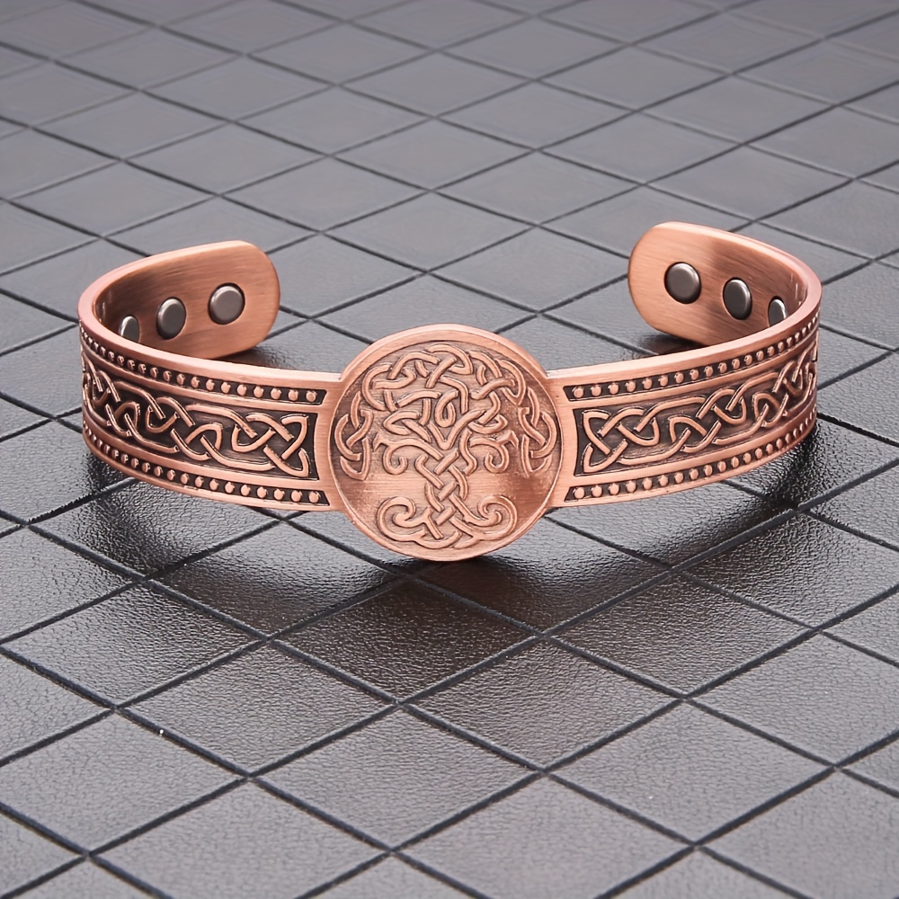 

Copper Magnetic Cuff For Men, Life Tree Engraved Band With Adjustable Fit, Wellness Fashion Accessory