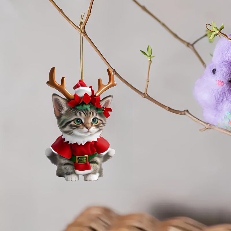 

1pc Acrylic Gray Cat In Christmas Outfit - Tree Ornament, Hanging Decor For , Gift