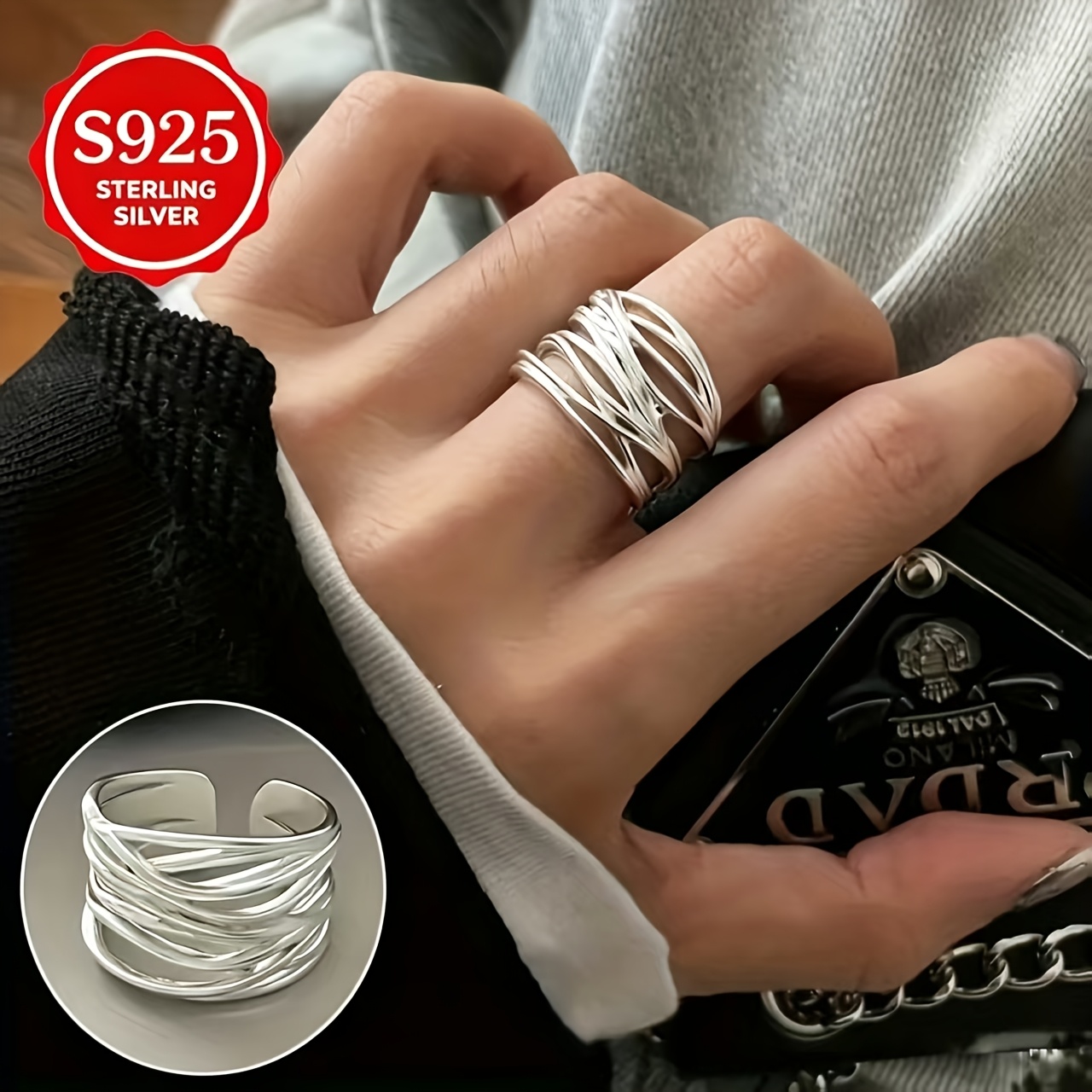 TEMU 1pc Bagues en argent 925 pour femmes, bagues empilables ajustables hypoallergéniques, bagues ouvertes torsadées pour pouce, cadeau pour maman,