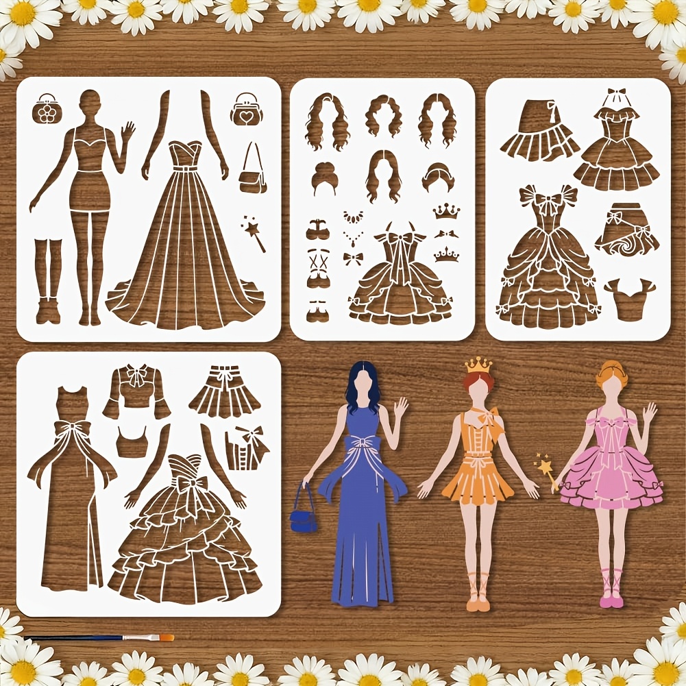 TEMU 4pcs Dress Lady Stencil Reusable Woman Beauty Dress Stencil For Painting Skirt Drawing Template With Paint Brush For Wall Furniture Canvas
