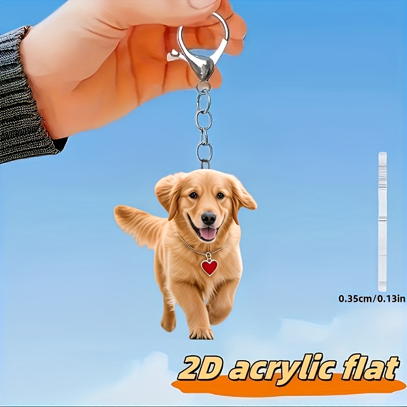 2d Flat, 2d Plane, A Cute Golden Retriever Puppy 2d Flat Acrylic Keychain With A Heart-shaped Collar. Suitable For Decorating Bags And Keys. An Ideal Holiday Gift. 2d Flat, 2d Plane, 2d Flat